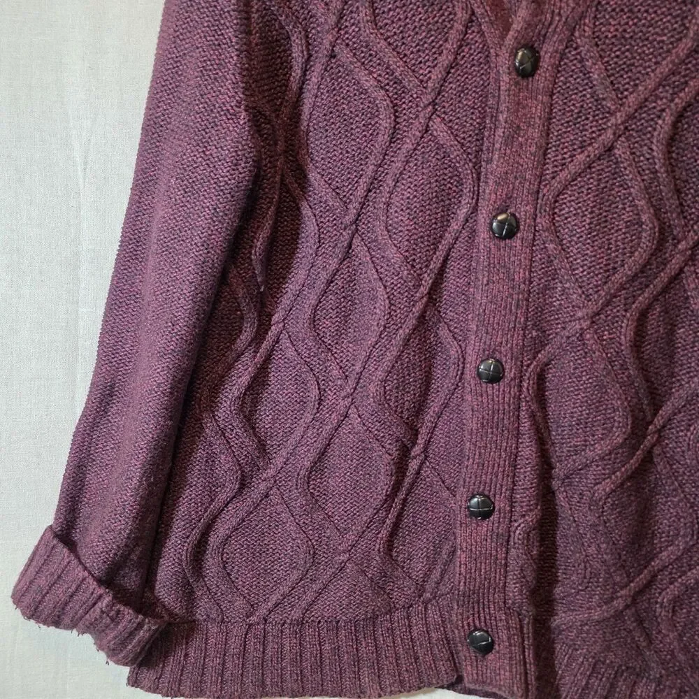 Banana Republic Mens Cardigan XL Burgundy Cable Knit Shawl Collar Ribbed